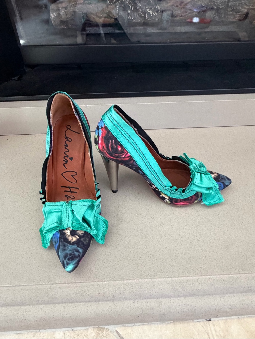 Lanvin for H&M Teal Bow Floral Pointed-Toe Pumps